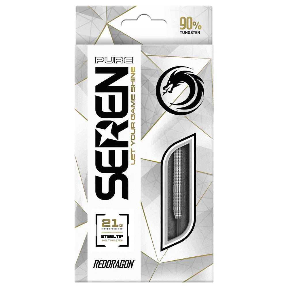 Steel tip tungsten dart in retail packaging with clear window, 21g weight, 90% tungsten, knurled barrel visible