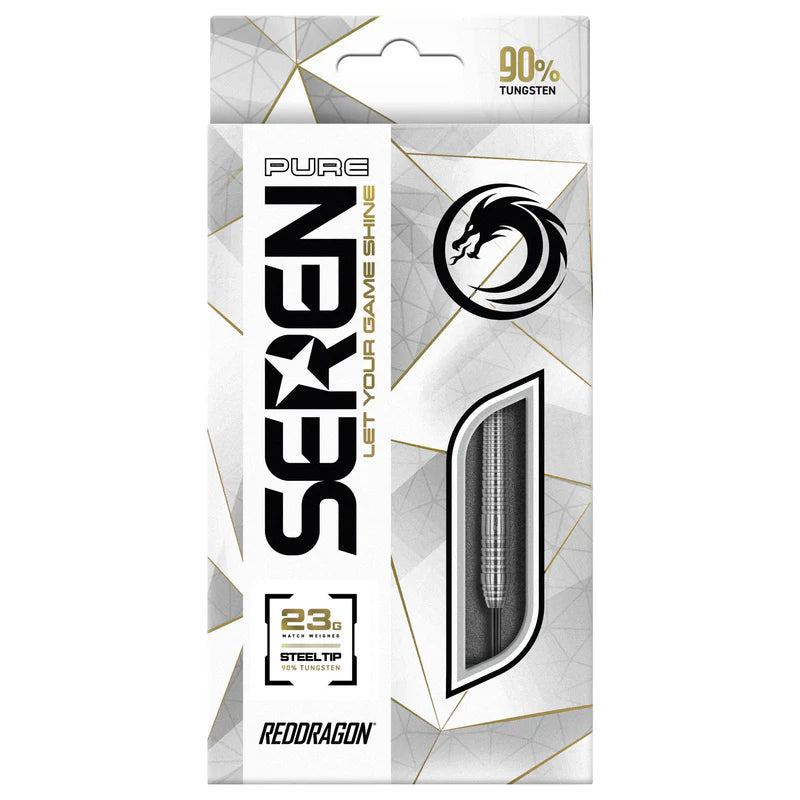 Steel tip tungsten dart set in retail packaging with window showing barrel grip, 90% tungsten, 23g weight, ideal for dart players