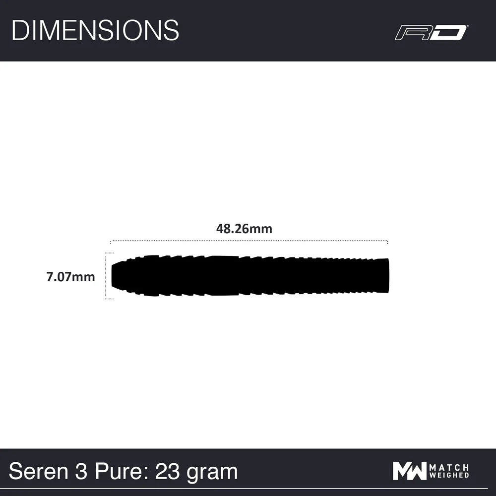 Dart barrel silhouette with dimensions, 48.26mm length and 7.07mm diameter, isolated for precise tungsten dart sizing