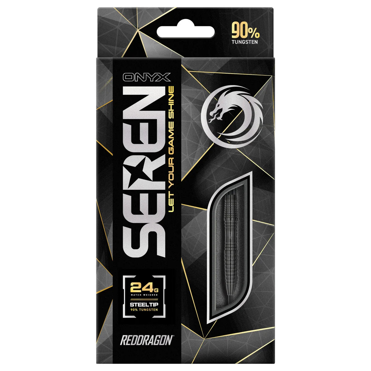 Steel tip 90% tungsten darts in retail box packaging, 24g weight, visible through display window, highlighting barrel grip design.