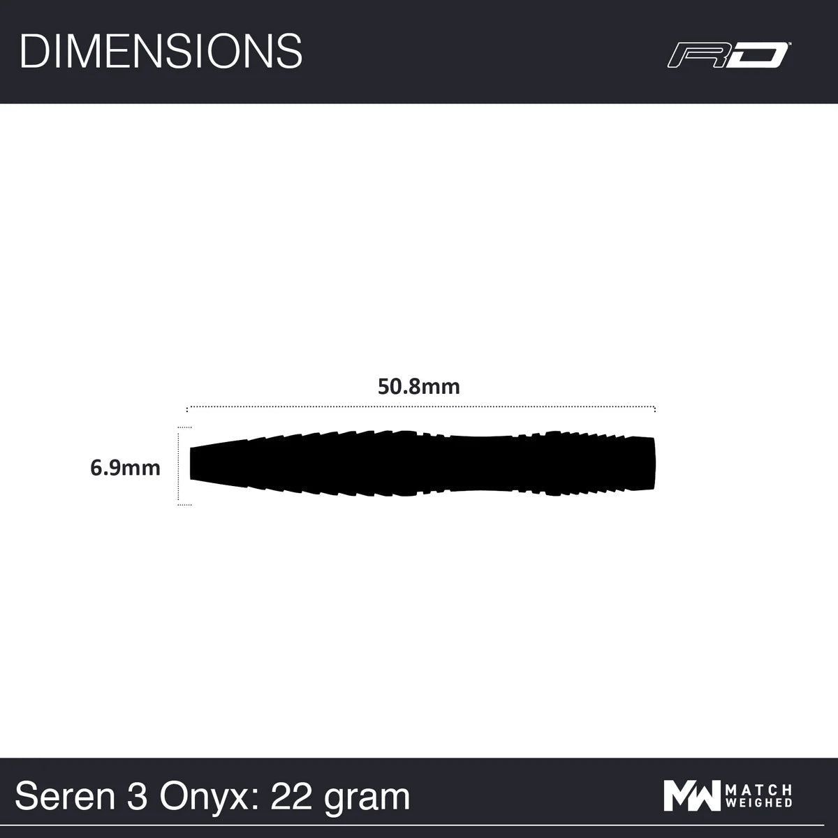 Dart barrel silhouette with 50.8mm length and 6.9mm diameter, technical dimensions for Seren 3 Onyx 22g tungsten dart