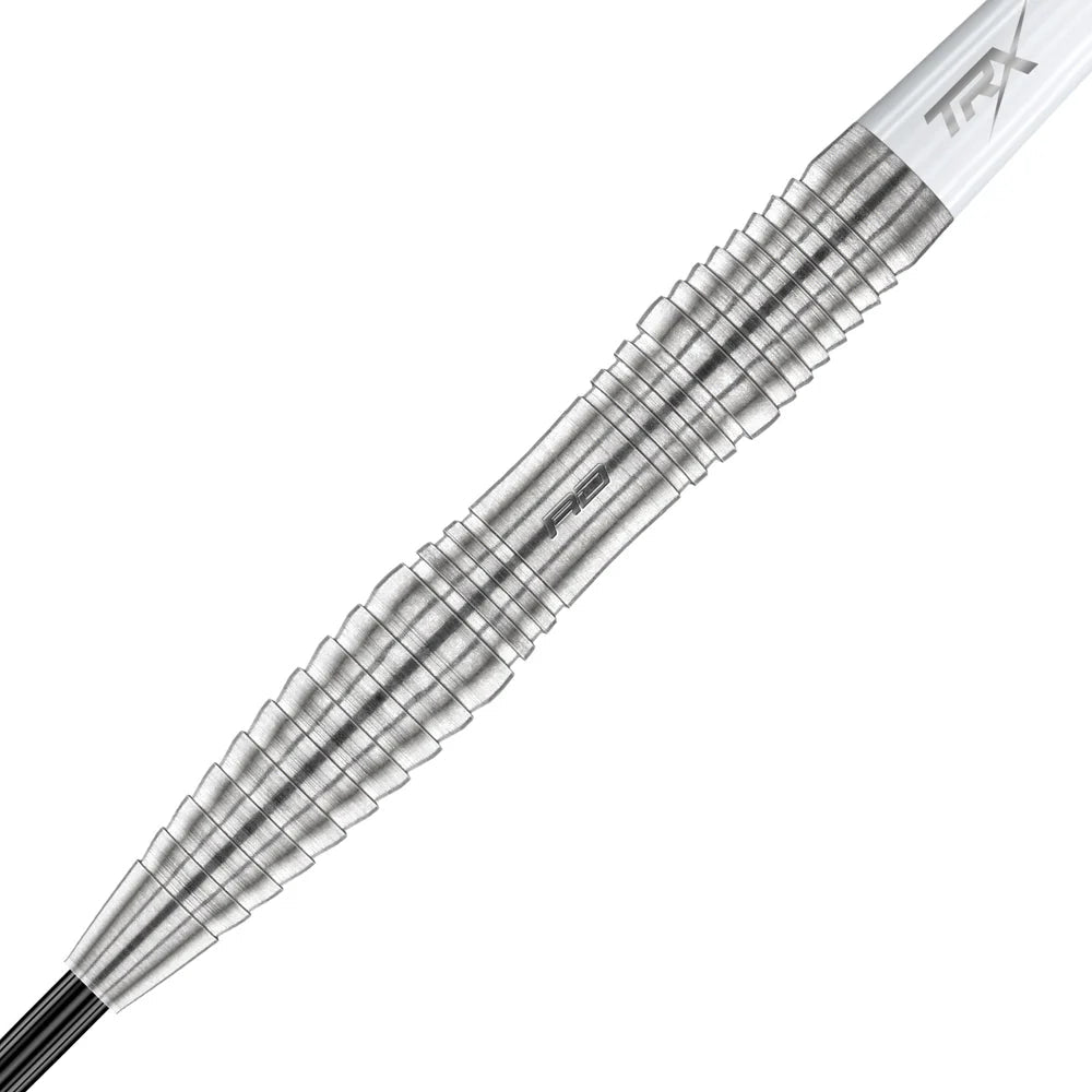 Close-up angled view of 90% tungsten dart barrel with detailed ringed grip and precision machining, ideal for dart players