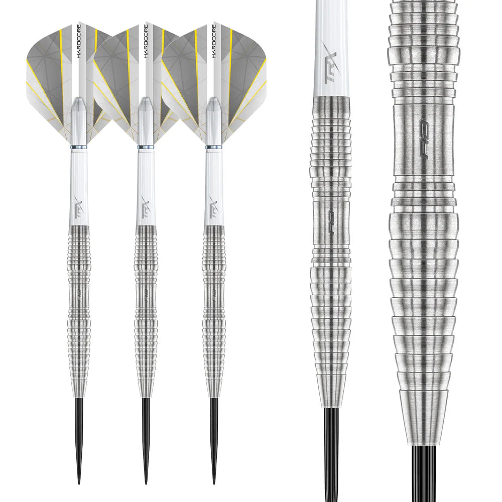 Three 90% tungsten darts with silver ringed barrels, close-up on grip pattern and slim dart tips, grey and yellow flights on white background