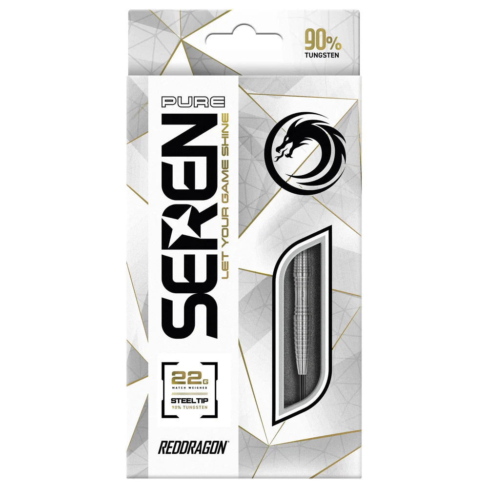 Steel tip tungsten dart set in packaging with window showing barrel grip profile and 22g weight details