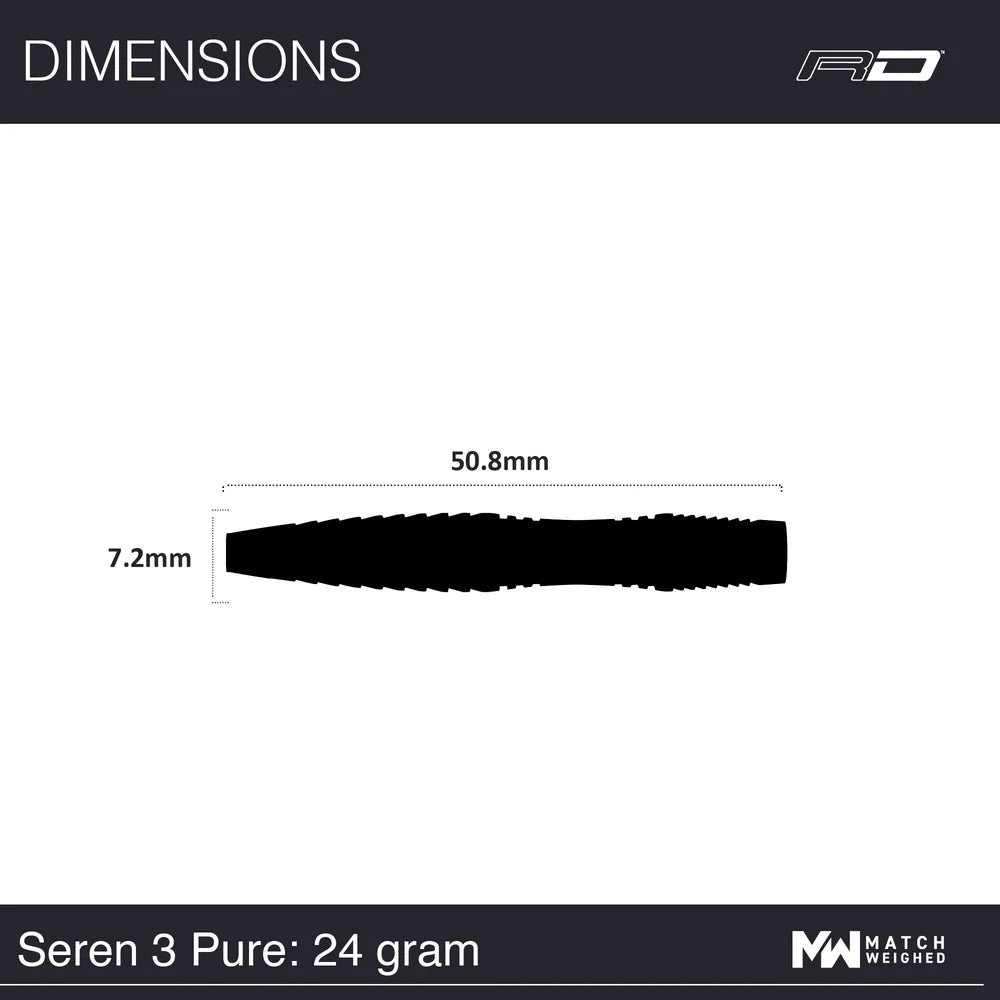 Top-down silhouette of Seren 3 Pure tungsten dart barrel with 50.8mm length and 7.2mm diameter measurements on white background