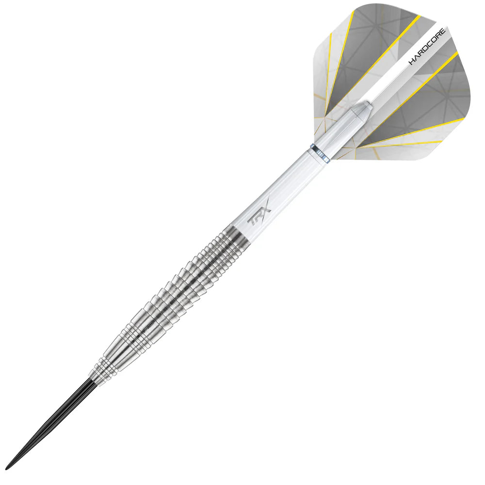 Angled full view of 90% tungsten dart with ringed grip barrel, transparent stem, and geometric flight on white background