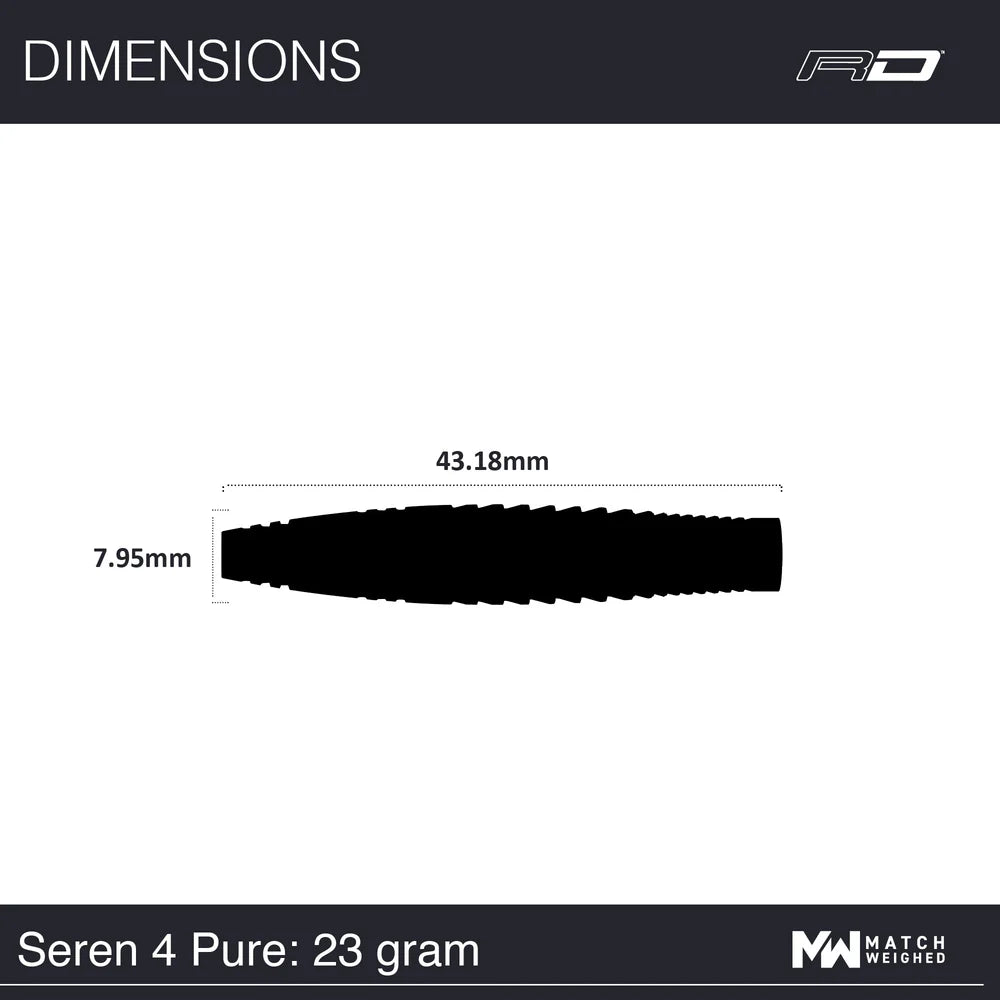 Dart barrel dimensions side view showing 43.18mm length and 7.95mm diameter for Seren 4 Pure 23g tungsten darts