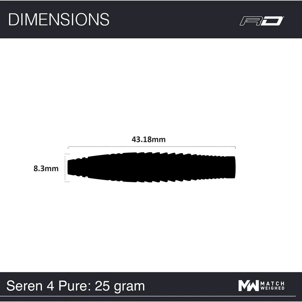 Dart barrel side profile with 43.18mm length and 8.3mm diameter, isolated on white, technical dimensions for tungsten darts