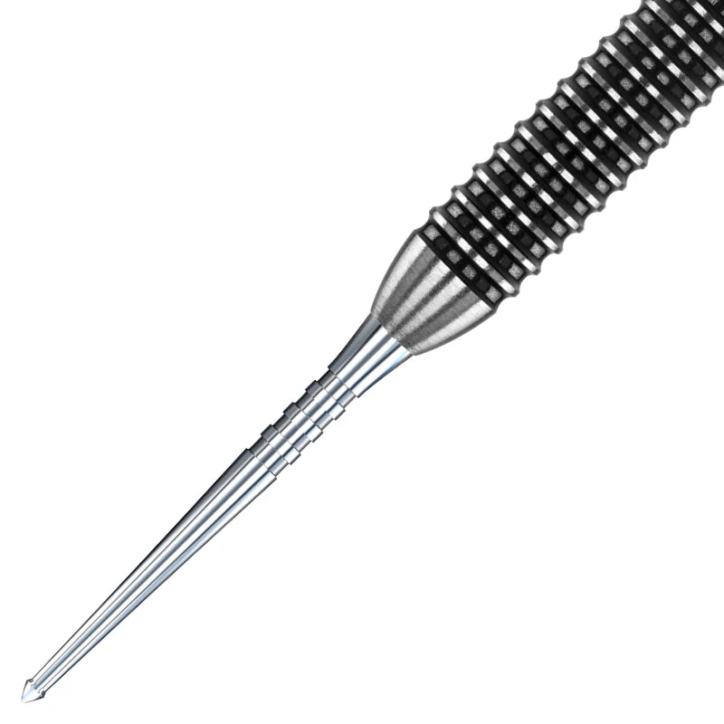 Close-up angled view of silver dart point with speartip design and grooved barrel, isolated on white for dart equipment buyers