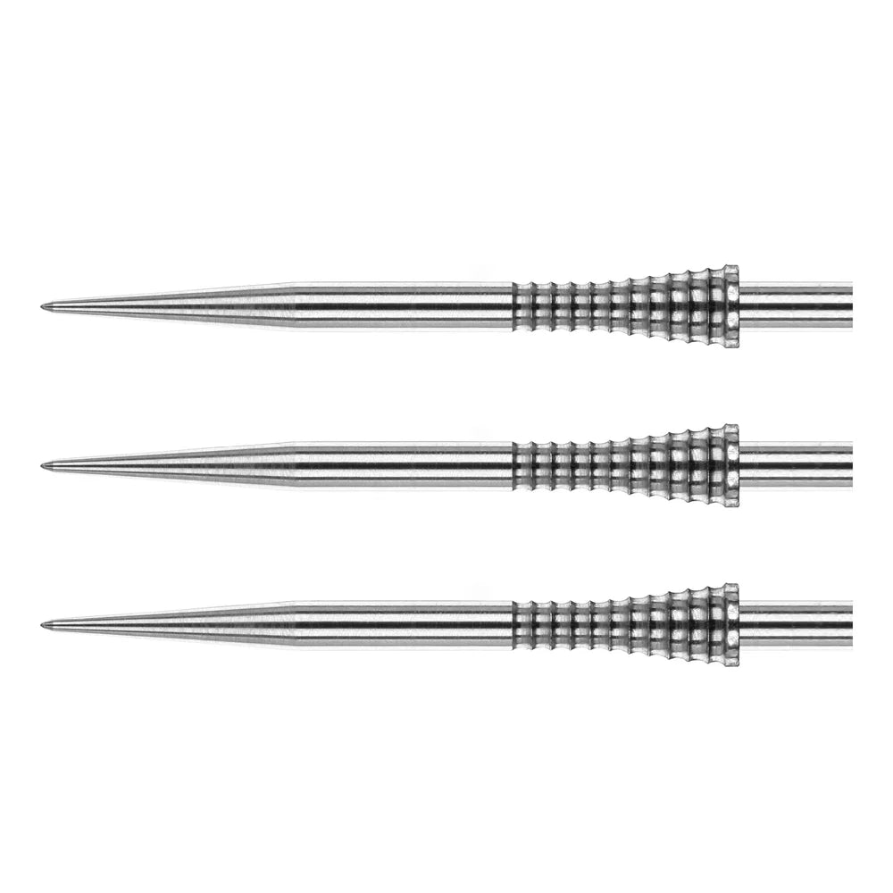 Three silver dart points full side view on white background, highlighting GT gripped texture and spearhead tip design for dart players