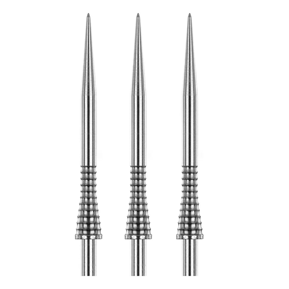 Three silver dart points with GT gripped texture and spearhead tips arranged side by side on white background