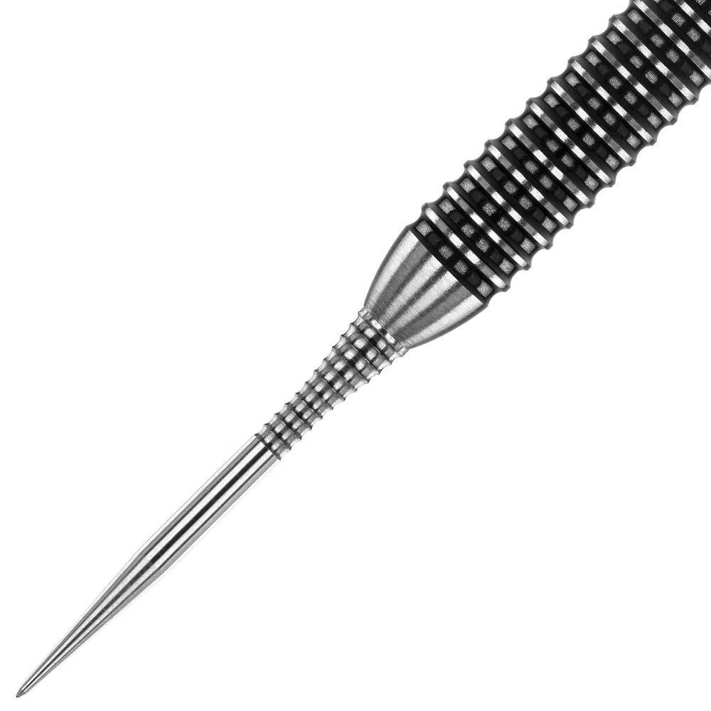 Close-up of silver dart point with knurled GT grip and spearhead profile, isolated on white background for dart equipment buyers