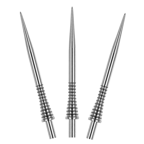 Silver gripped dart points set of three upright, knurled shafts and spear tips, isolated on white background for dart equipment