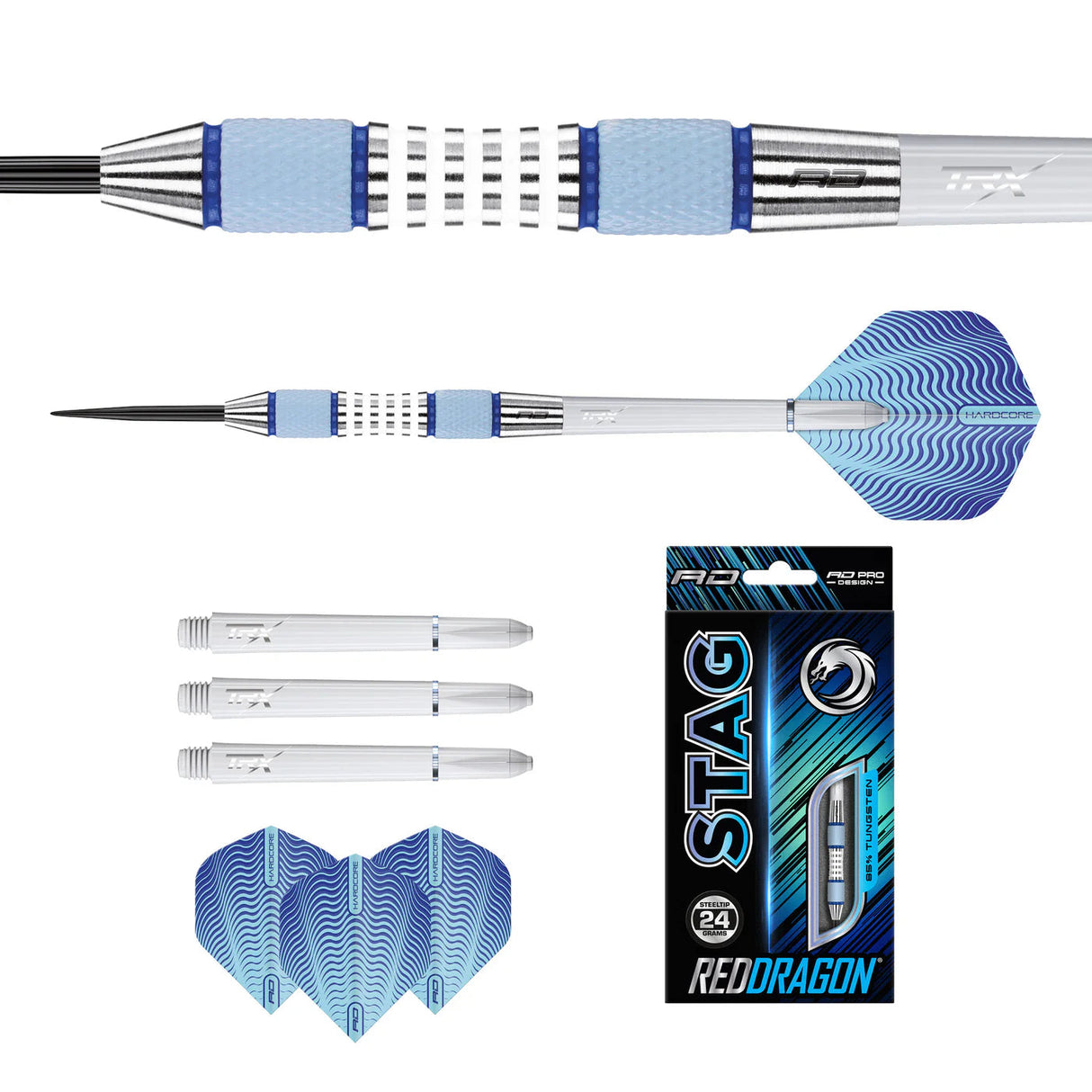 Steel tip tungsten dart with blue grip, close-up barrel detail, spare clear shafts, blue flights, and retail packaging on white background