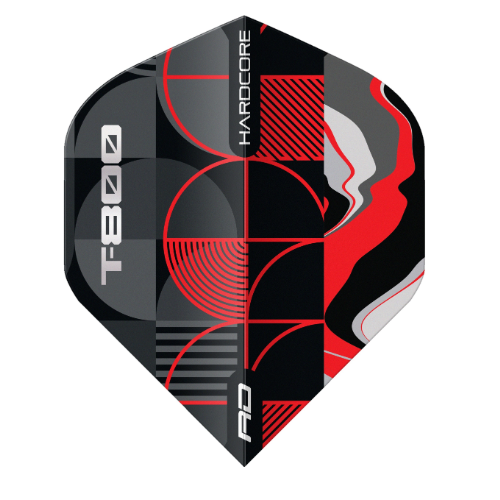 Red Dragon T800 Hardcore Premium No.2 dart flight upright on a white background, black grey and red design