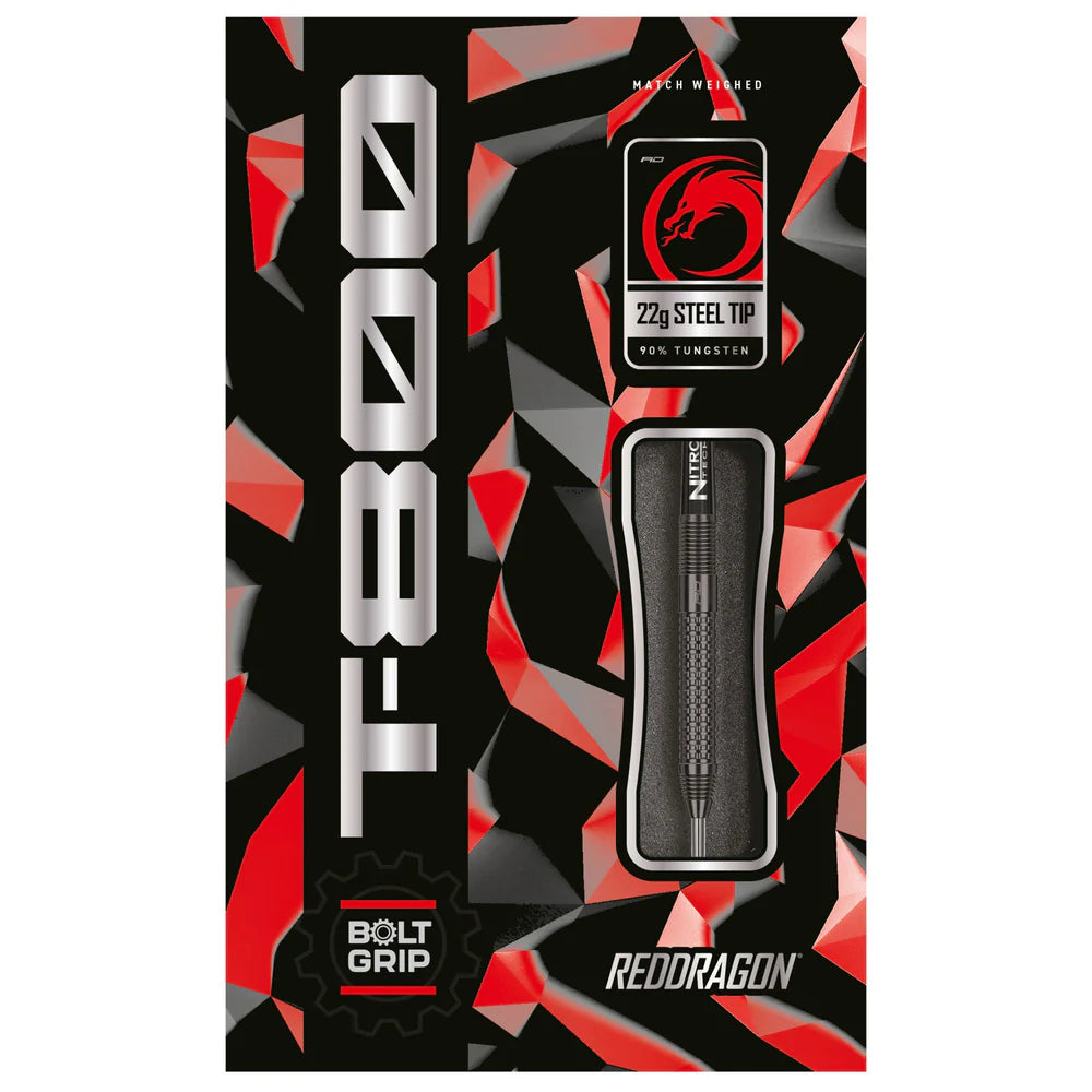 Steel tip tungsten dart in branded retail packaging, straight-on view with bolt grip and precision milled barrel visible