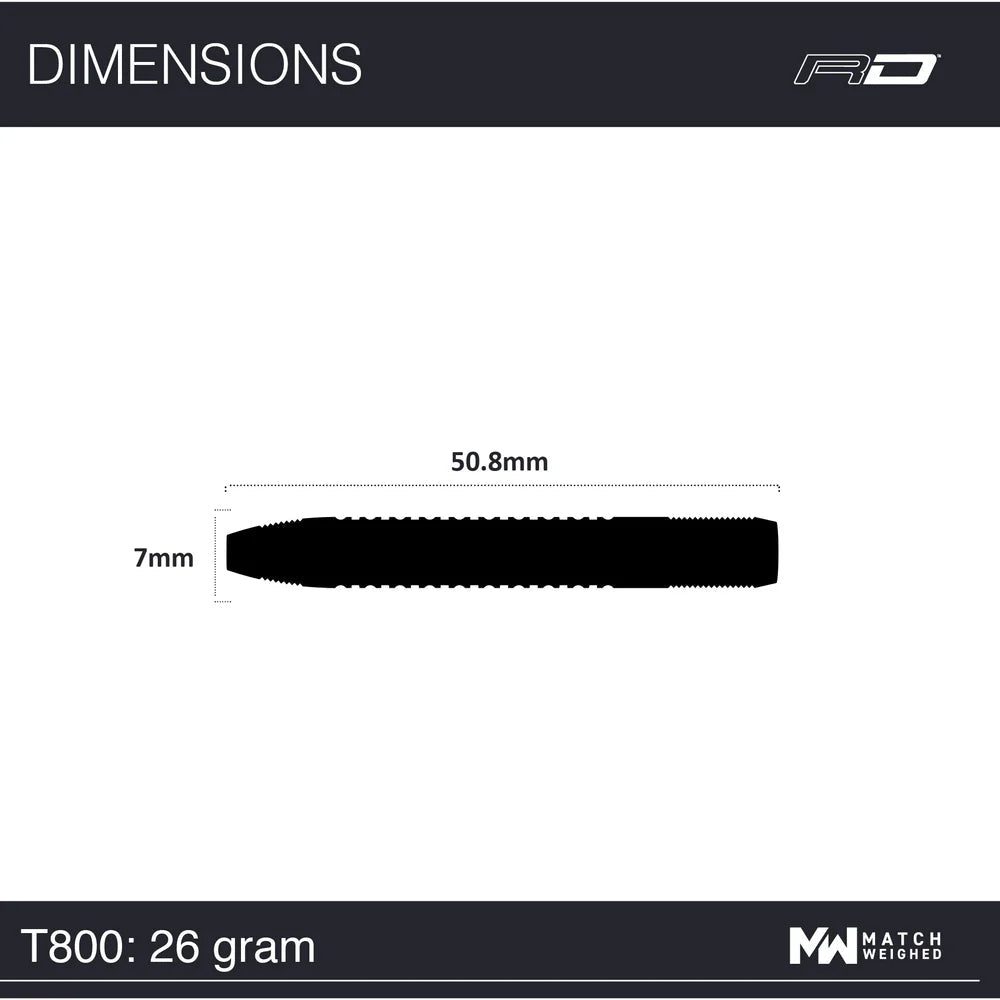 T-800 tungsten dart barrel side view with 50.8mm length and 7mm diameter measurements, isolated on white background