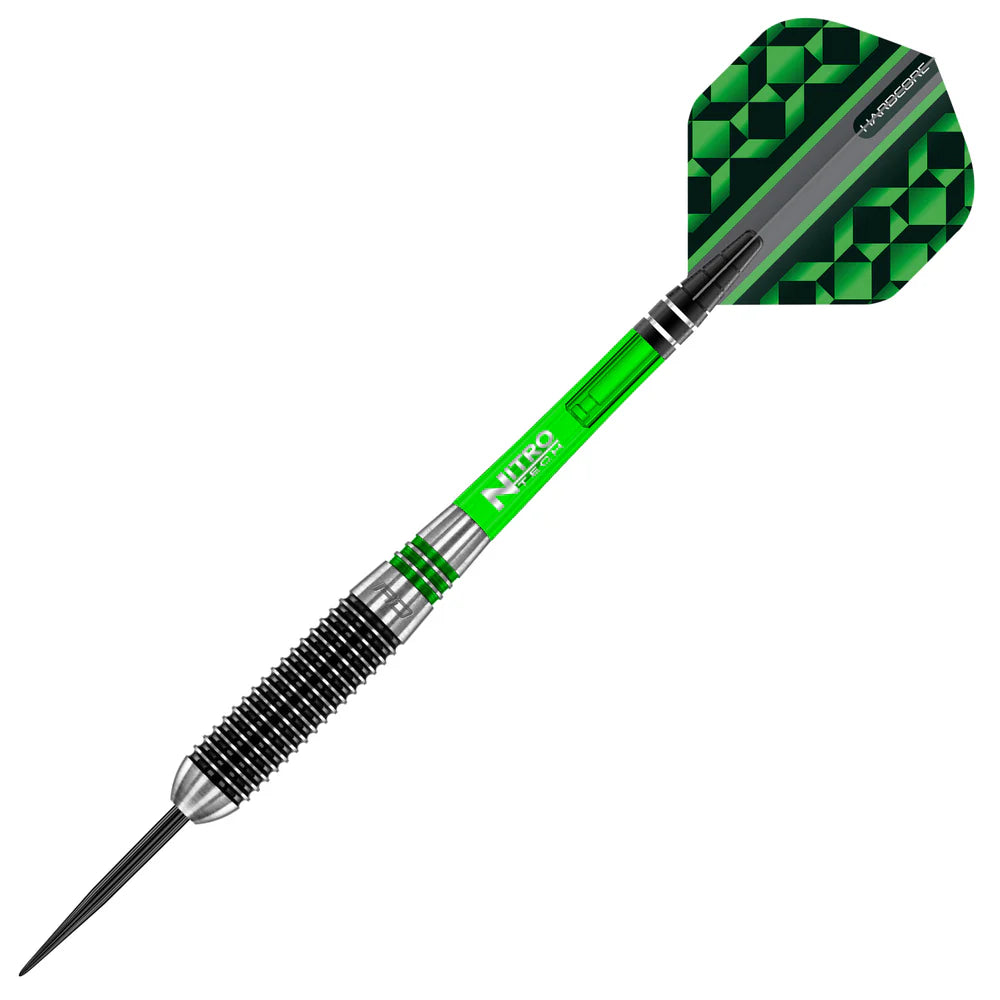 85% tungsten dart full view with black knurled barrel, green Nitro Tech shaft, and geometric hardcore flight on white background