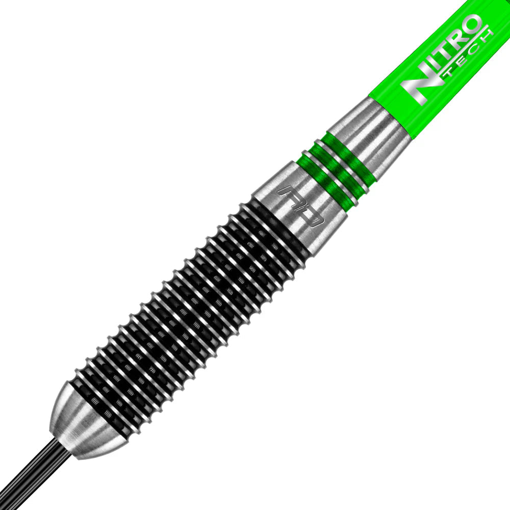 Macro close-up of 85 percent tungsten dart barrel showing deep grip rings and green NitroTech stem, isolated on white background