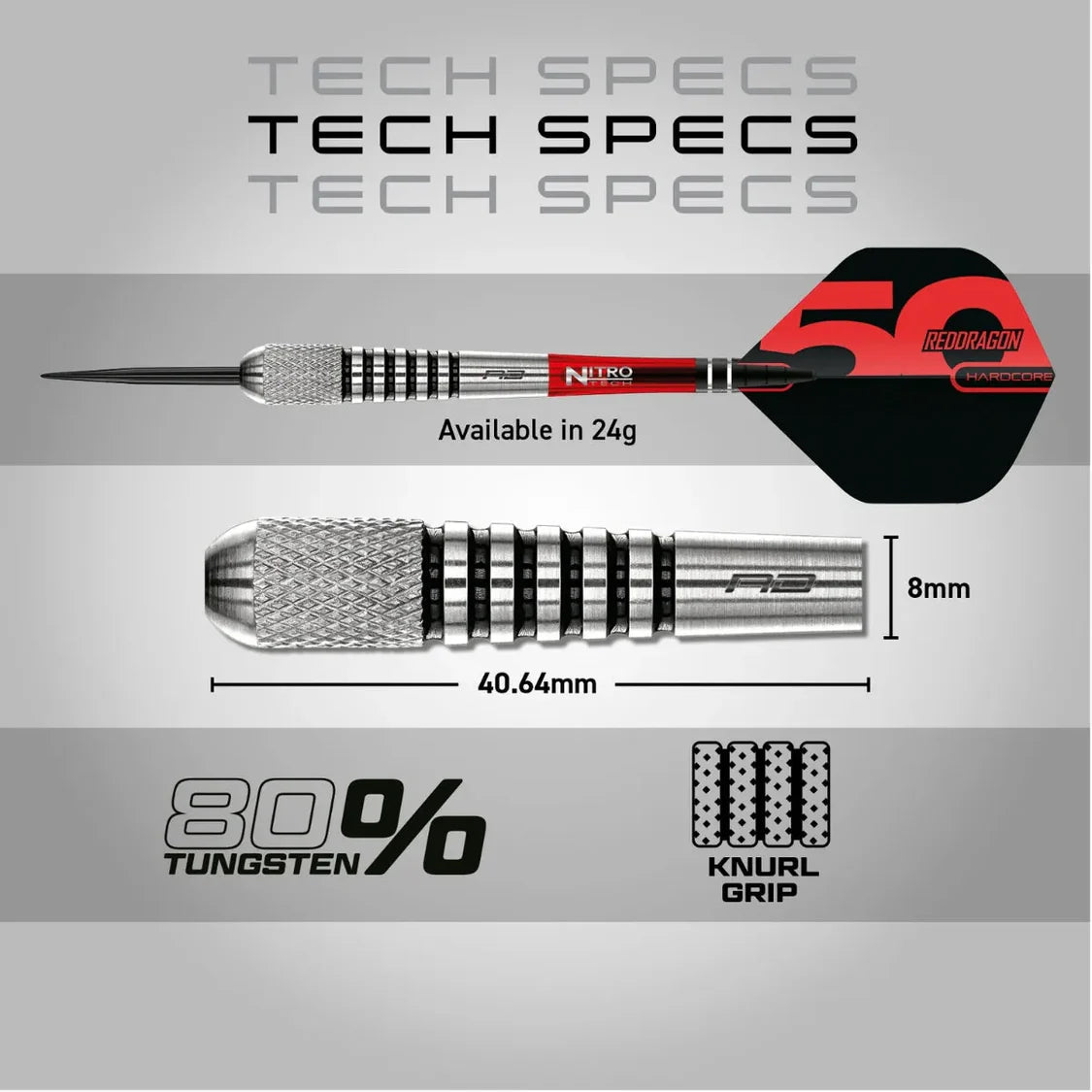 Torpedo 2 tungsten dart shown side-on with close-up of barrel, knurled grip texture, 40.64mm length, 8mm diameter, and tech specs overlay.