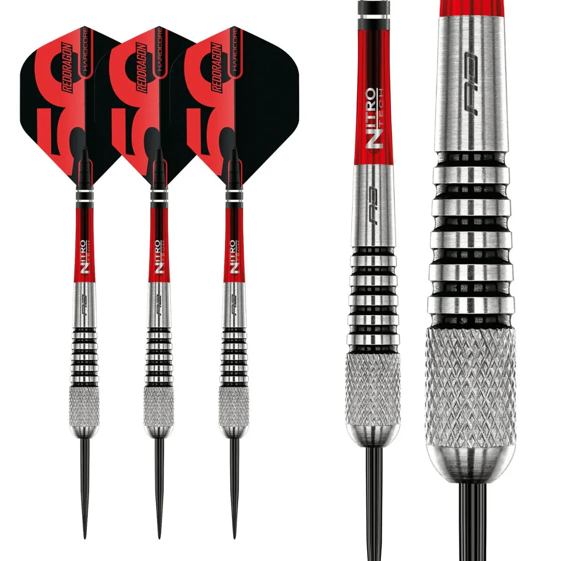 Three 90% tungsten darts displayed with close-up on barrel knurling and grip texture, isolated on white, highlighting tapered torpedo design.