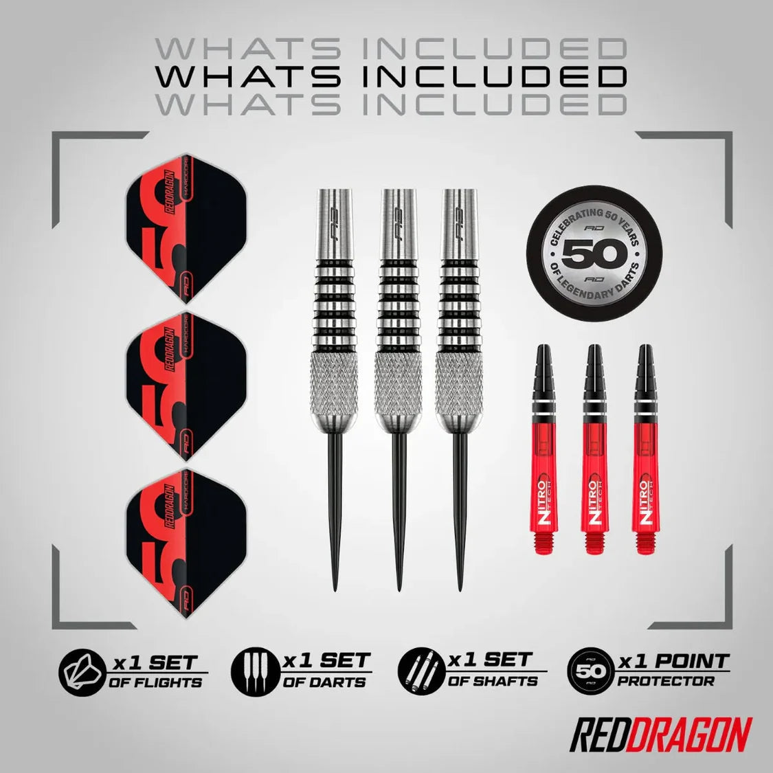 Flat lay of torpedo-shaped tungsten darts set with three knurled barrels, flights, red shafts, and point protector included