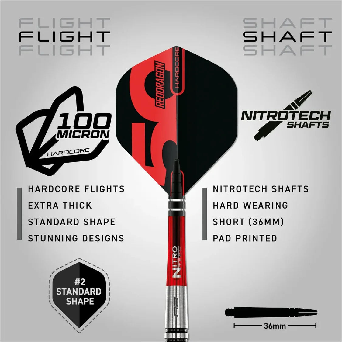 Straight-on view of tungsten dart on white background showing extra thick 100 micron standard flights and 36mm Nitrotech short shaft