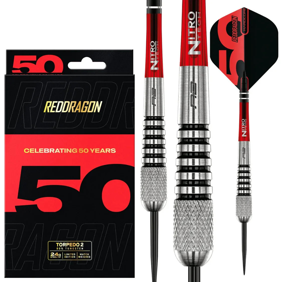 Torpedo 2 90% tungsten darts displayed with packaging, close-up on knurled grip and barrel rings, full flight and point details visible
