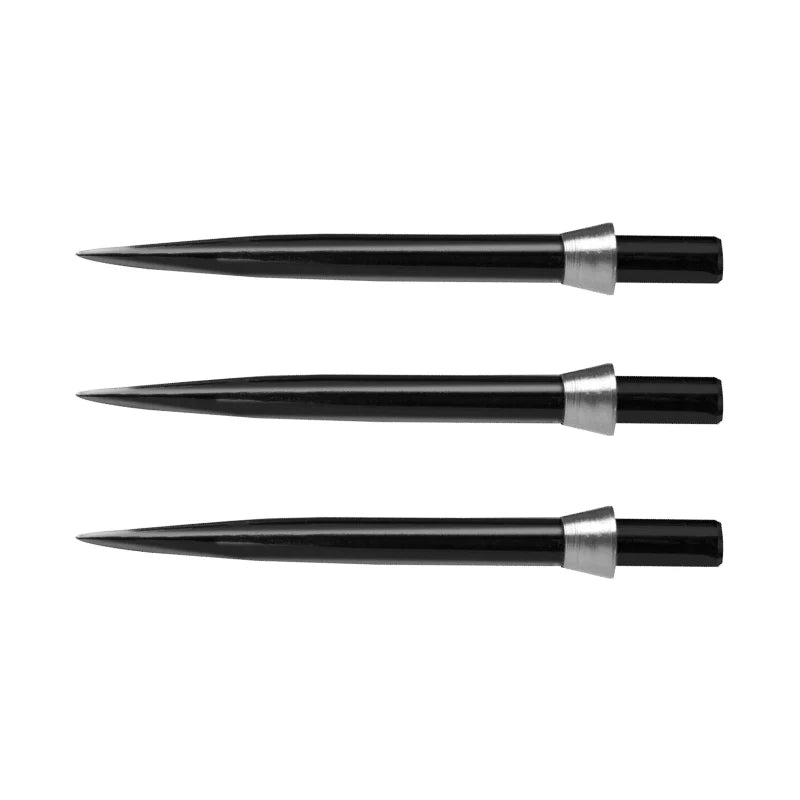Three black dart points with silver collars arranged side by side on white, full view showing precision conical tips for dartboard accuracy