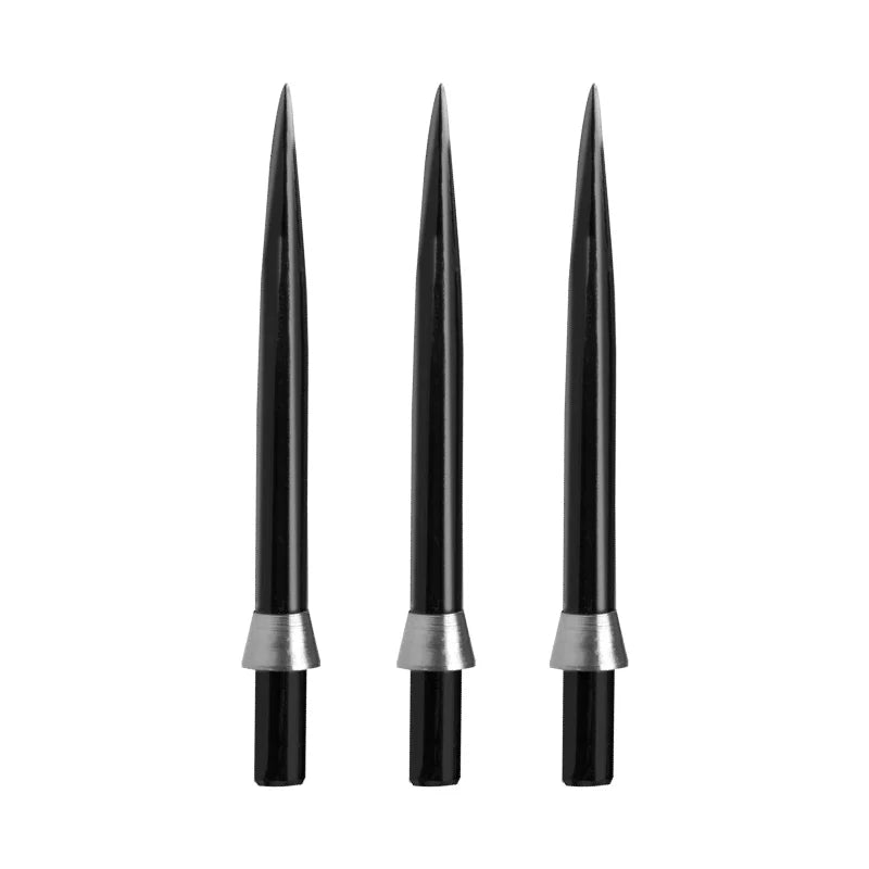 Three black steel dart points with conical silver collars displayed upright on white background, precision tip design for dart equipment