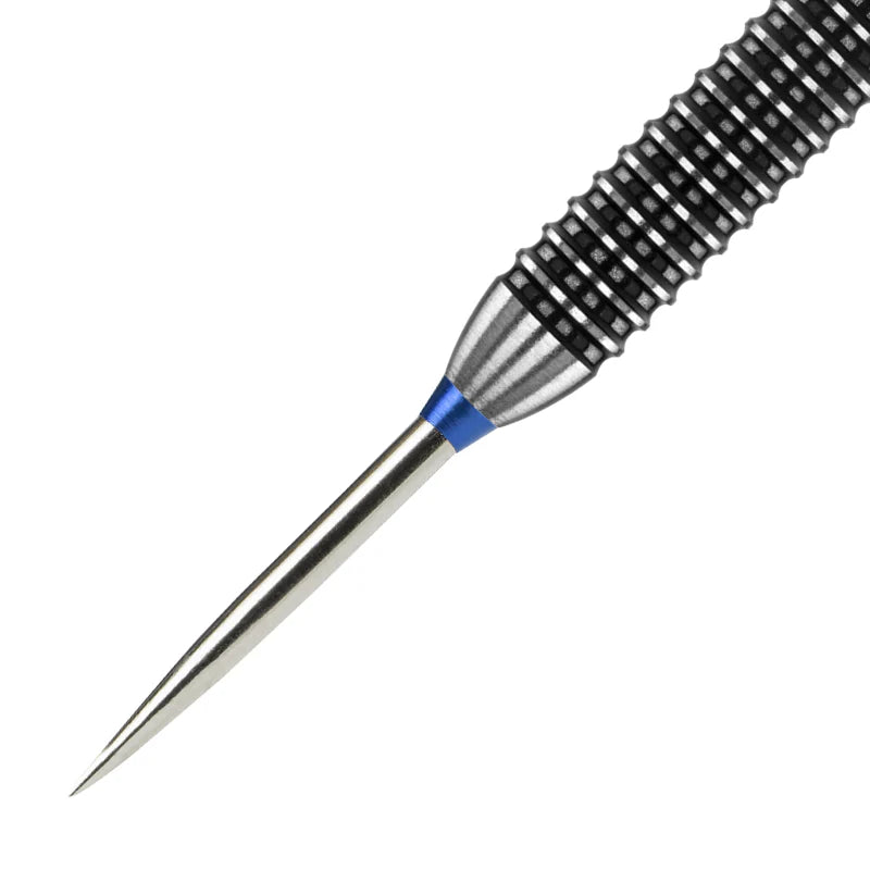 Close-up angled view of silver dart point with precision conical tip and textured barrel grip, isolated on white background