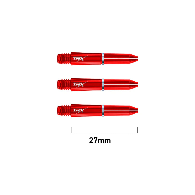 Three red TRX dart stems 27mm in length, aligned side by side on white background, highlighting precision shaft design for darts