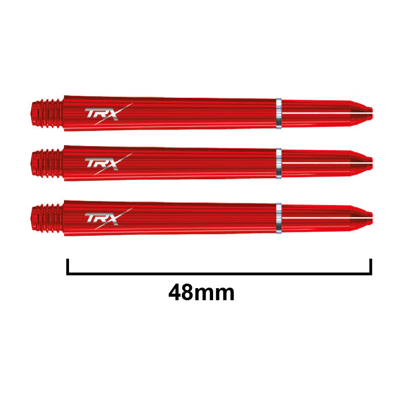 Three red TRX dart stems aligned top-down, 48mm length shown, threaded ends and slim profile, isolated on white for dart accessories