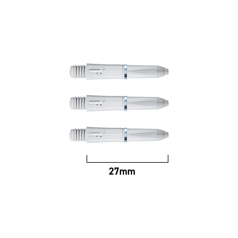 Three white TRX dart shafts lined up with 27mm measurement, showcasing grip design and thread detail for dart stems