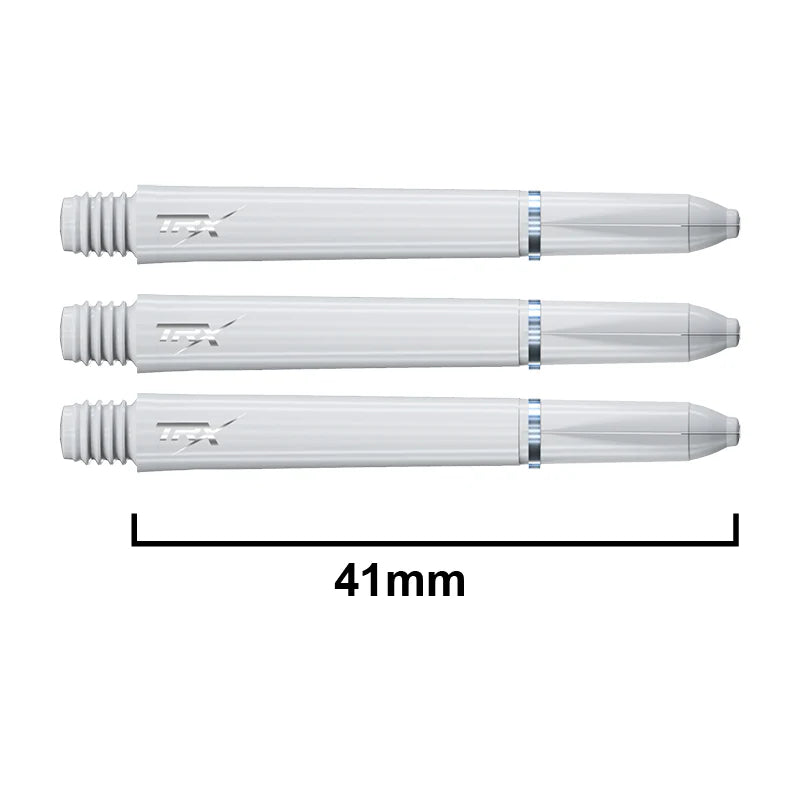 Top-down view of three white TRX dart stems aligned with 41mm scale, showing shaft length, threading, and textured barrels.