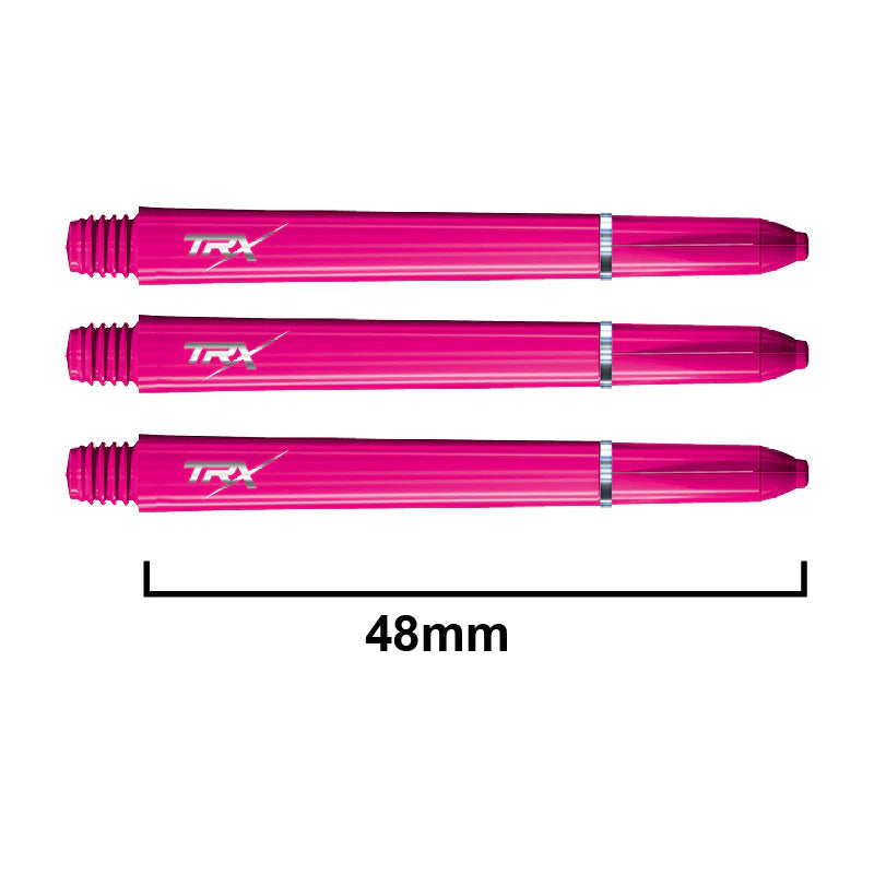 Three pink TRX dart shafts 48mm long, top-down view, isolated on white background for precise stem length reference
