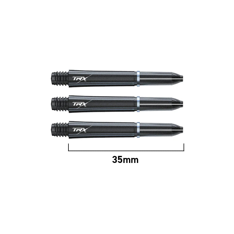 Three black TRX dart shafts with silver rings in horizontal display, 35mm length shown on white background, precision darts accessories