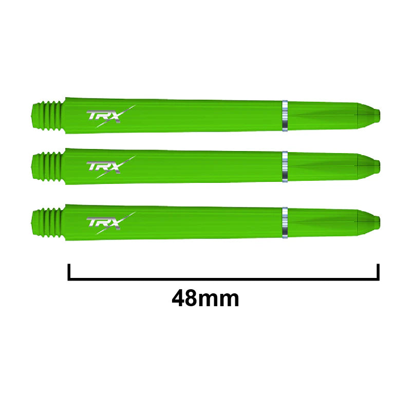 Three green TRX dart shafts displayed side by side on white background with 48mm length indicated for size reference