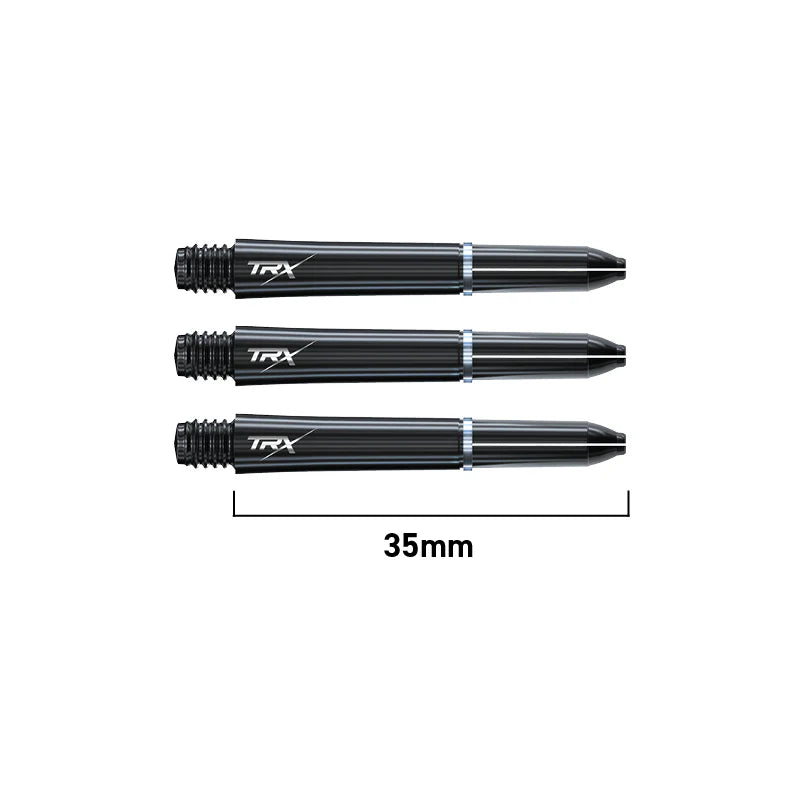 Three black TRX dart shafts 35mm long with blue rings, arranged side by side on white background for size reference