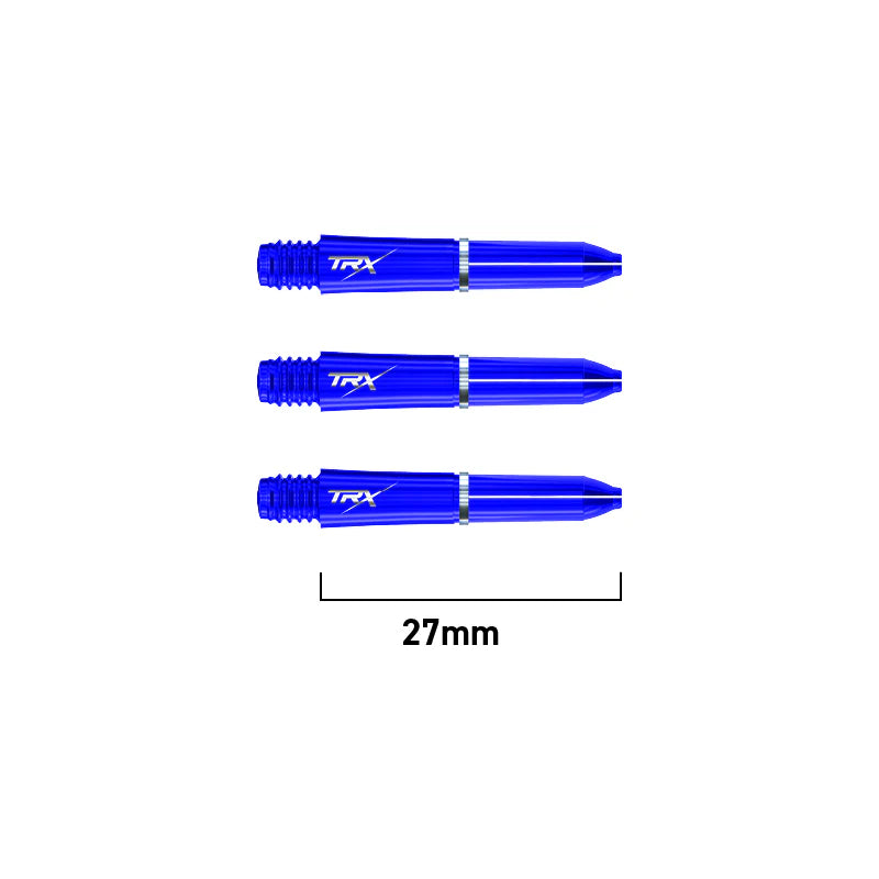 Three blue TRX dart shafts, top-down view on white background, 27mm length shown for size reference, threaded grip and logo visible