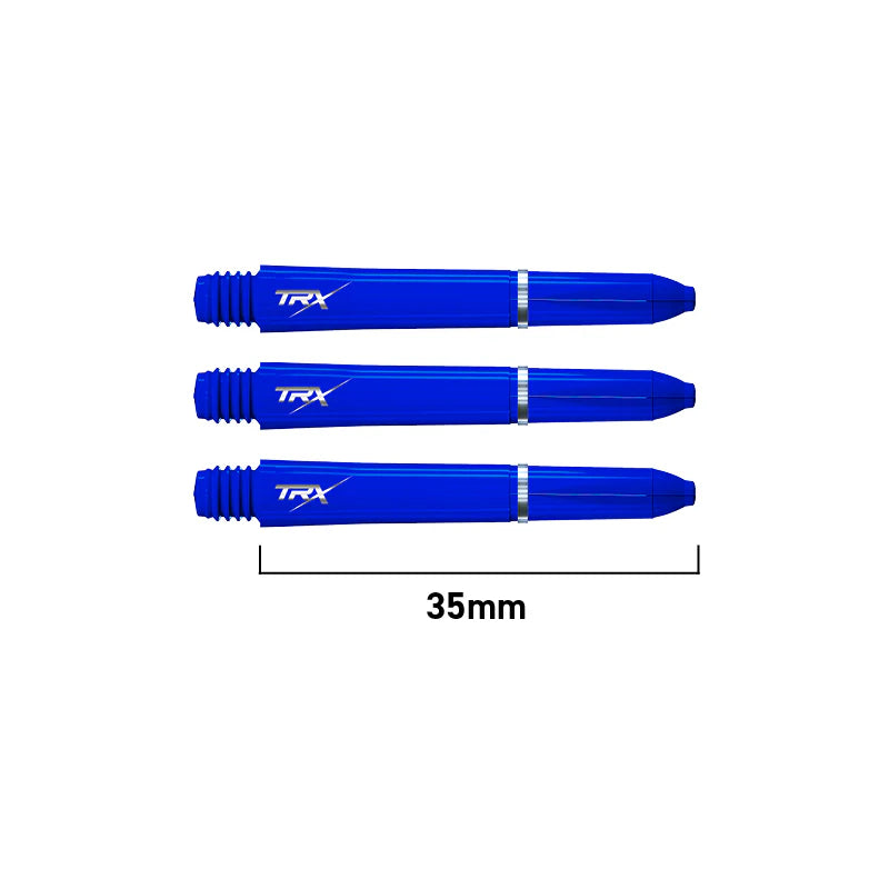 Three blue TRX dart shafts 35mm long, horizontal on white background, emphasizing grip and stem features for dart setup.