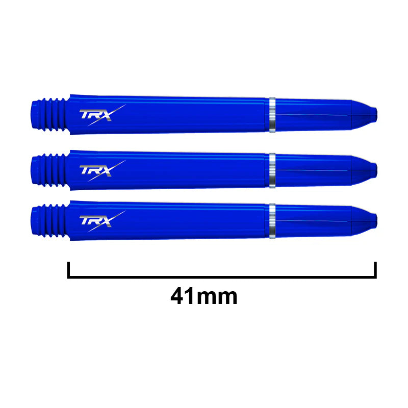 Three blue TRX dart shafts aligned on white background with 41mm length measurement for size reference