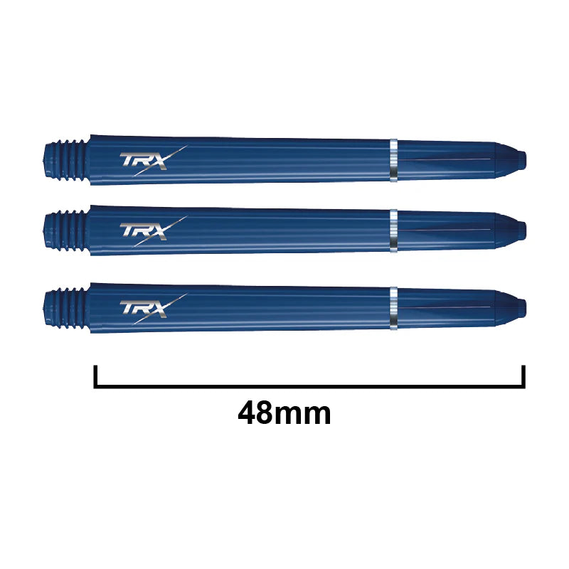 Top-down view of three blue TRX dart stems with 48mm length scale, showing grip details and threaded ends.