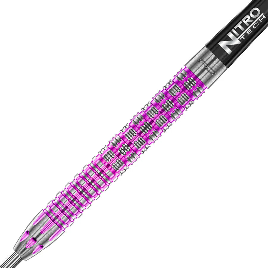 Close-up of Tyrian 90% tungsten dart barrel with precision grip rings and purple highlights, isolated on white