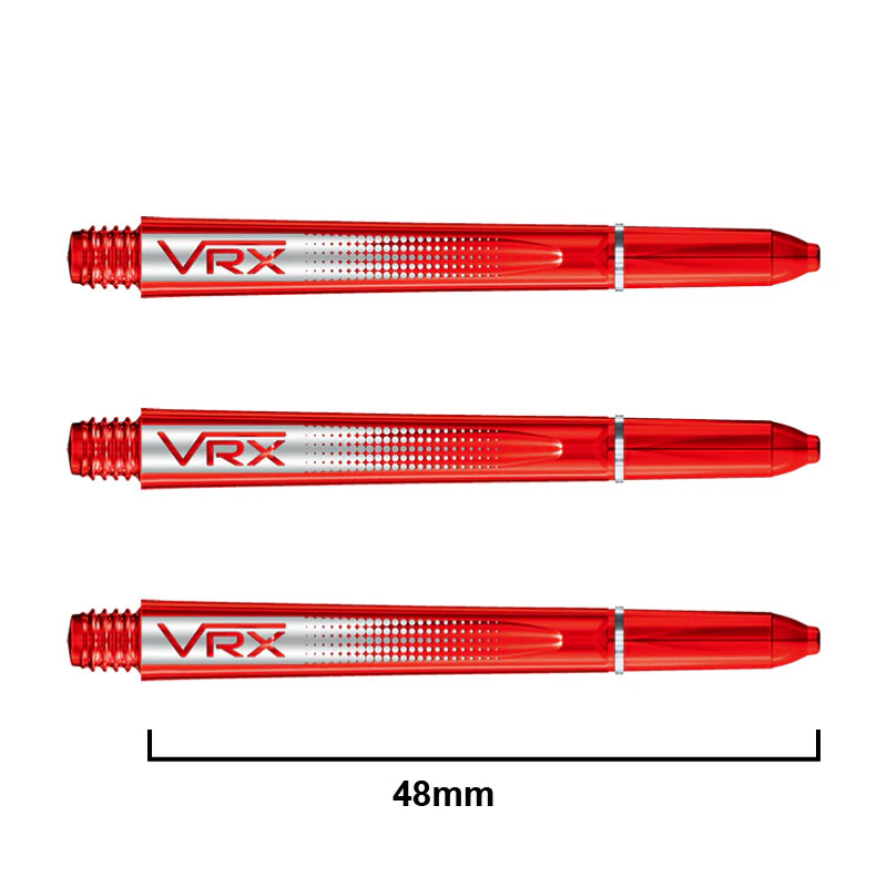 Three red transparent VRX dart shafts aligned horizontally on white background, 48mm length indicated, highlighting texture and thread design
