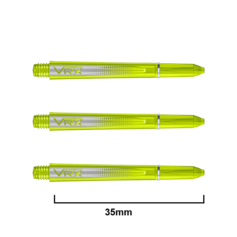 Three transparent yellow dart shafts aligned side-by-side with 35mm scale, showing VRX branding and polycarbonate texture.