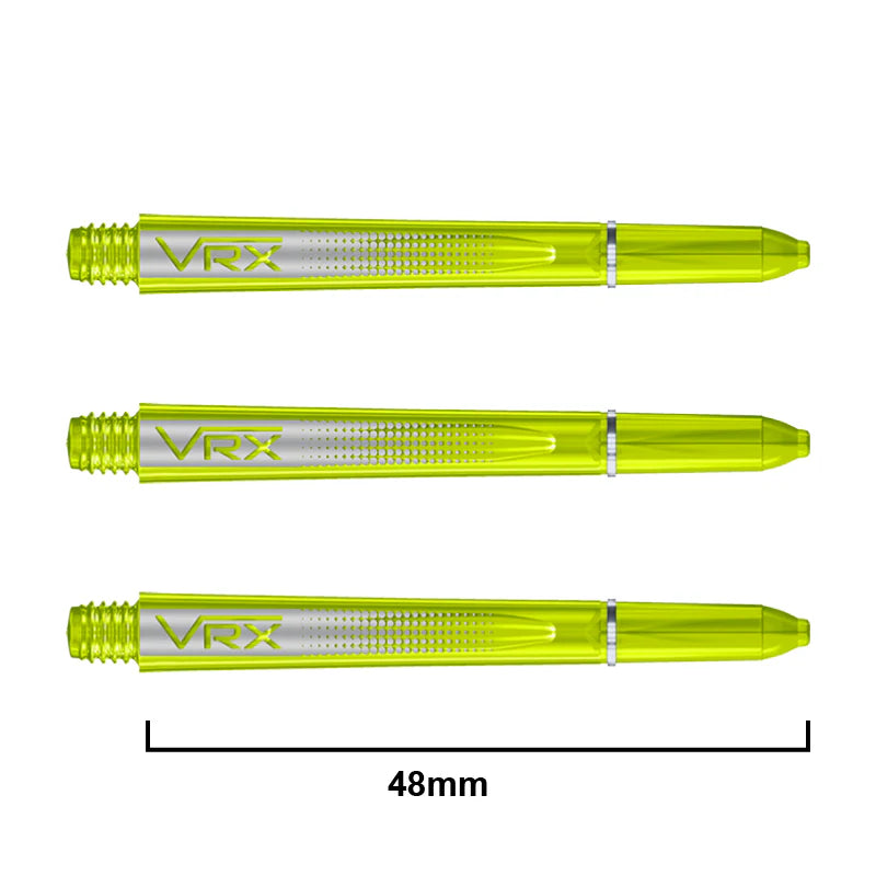Three transparent yellow VRX dart shafts top-down on white background, 48mm length scale, featuring textured grip and clear polycarbonate construction