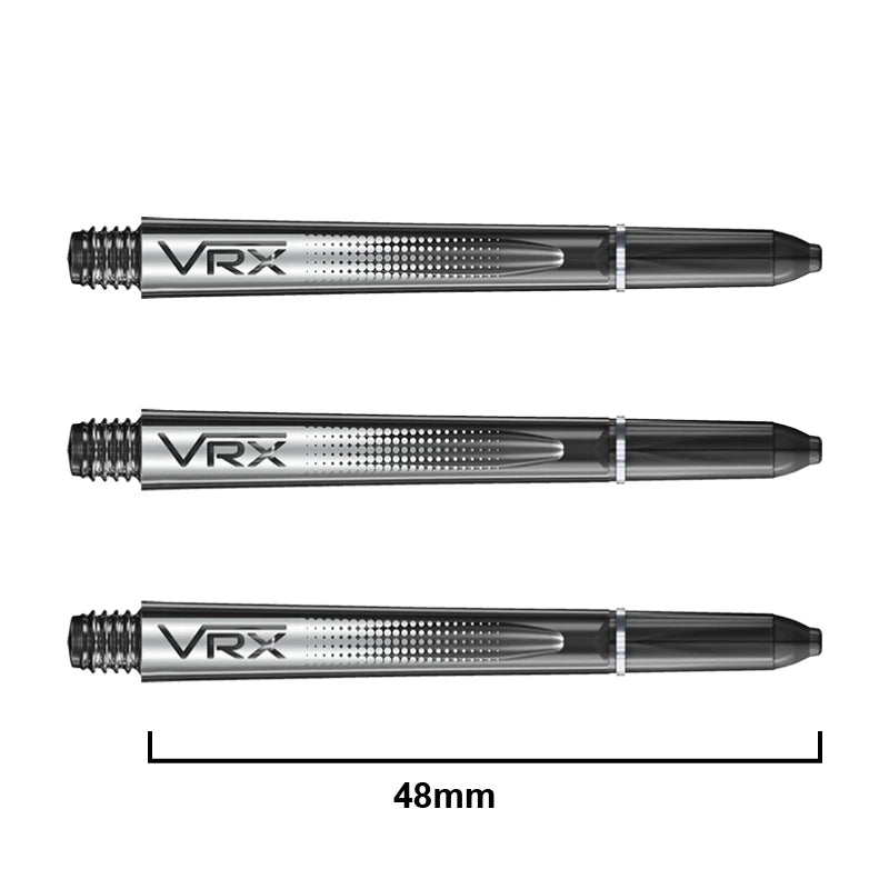 Set of three transparent VRX dart shafts shown top-down with 48mm length scale, highlighting grip texture and screw thread detail.