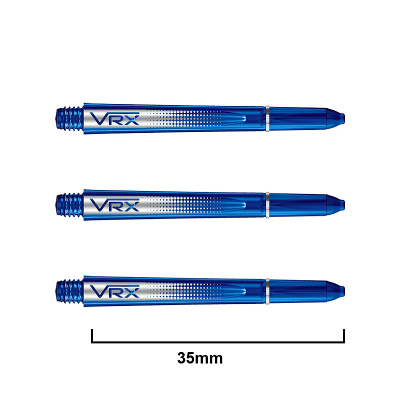 Three blue VRX dart shafts 35mm long displayed horizontally on white background, showcasing transparent polymer design and length scale.