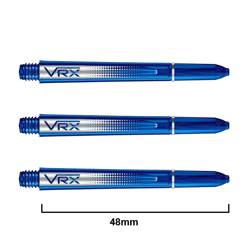 Three blue VRX dart shafts 48mm long, isolated on white, featuring textured grip and measurement for darts accessories